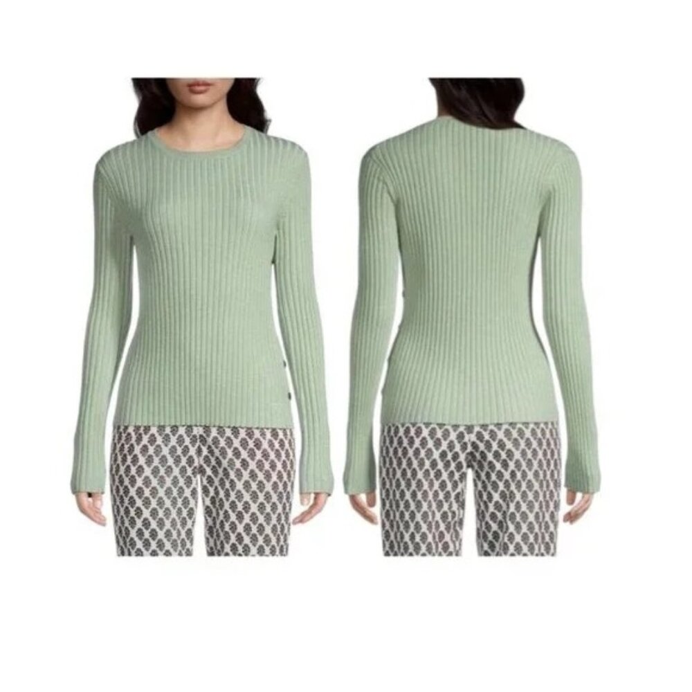 Tory Burch Lurex Stripe Metallic Ribbed Knit Side-Button Sweater Clear Mint M